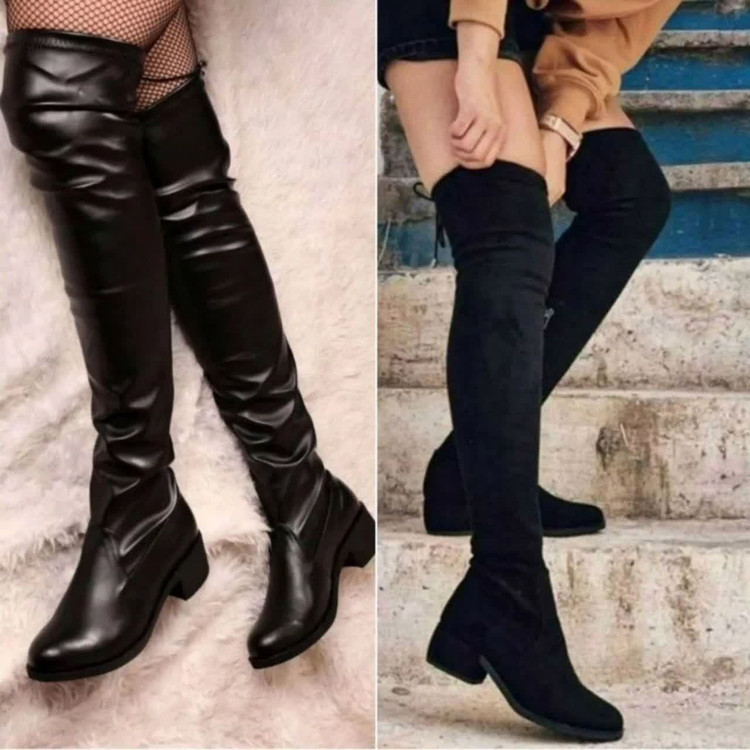 بوت جورابی بلند زنانه بالای زانو - کد ۲۳۵۶۸۰ - جنس سوییت و چرم - رنگ مشکی